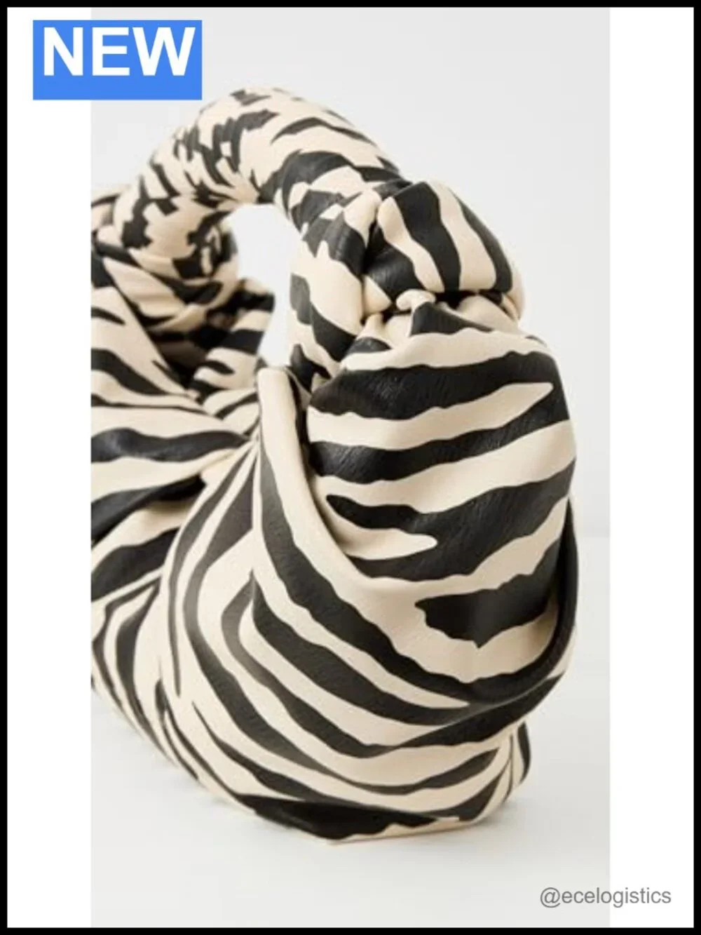 Vegan Leather Zebra Print Clutch with Rolled Top Handle | Woven Straw Look